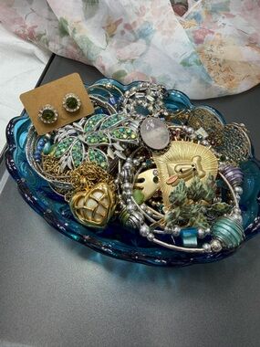 Mixed Vintage Jewelry Lot in Blue Glass Dish - Green & Gold Accents